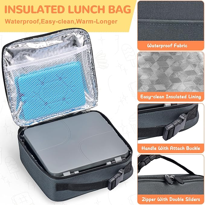 MAXSO Bento Lunch Box Set with 8 oz Soup Thermo, Kids Leakproof 4 Compartments Hot Food Container with Sauce Cup, Ice Pack and Lunch Bag, Child Insulated Food Jar for School - Black