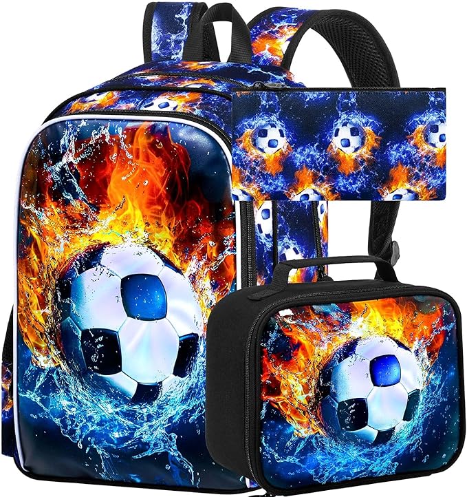 17" Soccer Backpack for Boys, Kids Bookbag with Lunch Box, 3Pcs Football School Backpacks for Elementary Preschool Kindergarten (Fire and Ice)