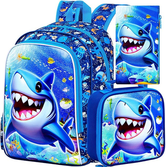 16" Shark Backpack for Boys, 3Pcs Kids Bookbag with Lunch Box, School Backpacks for Elementary Preschool Kindergarten (Blue)