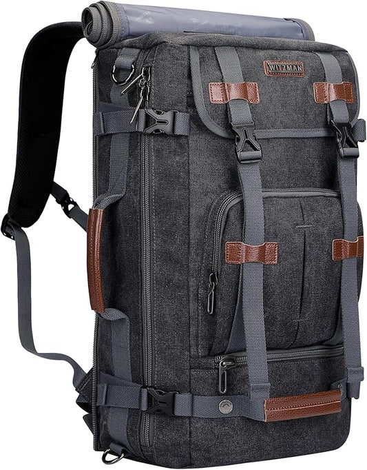 WITZMAN Canvas Backpack Vintage Travel Backpack Large Laptop Bags Convertible Shoulder Rucksack(A519-1 Black)