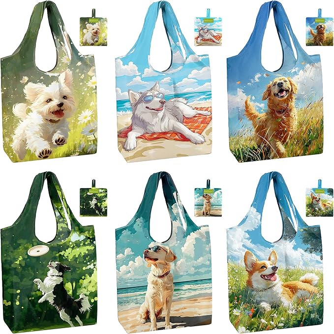 BeeGreen Dog Reusable Grocery Bags 6 Pack, Heavy Duty Totes for Women, Foldable Grocery Bag Large Shopping Totes with Handles for Work, Travel, Gift, Store, Polyester Washable Reusable Tote Bag