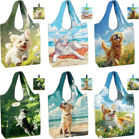 BeeGreen Dog Reusable Grocery Bags 6 Pack, Heavy Duty Totes for Women, Foldable Grocery Bag Large Shopping Totes with Handles for Work, Travel, Gift, Store, Polyester Washable Reusable Tote Bag