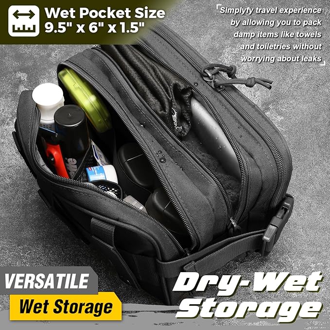 DBTAC Tactical Toiletry Bag w/Electronic Organizer Compartment | Dry/Wet Separate Hygiene Bag, Expanded Travel Dopp Kit Shaving Kit Travel shower Bag for Men (Black)