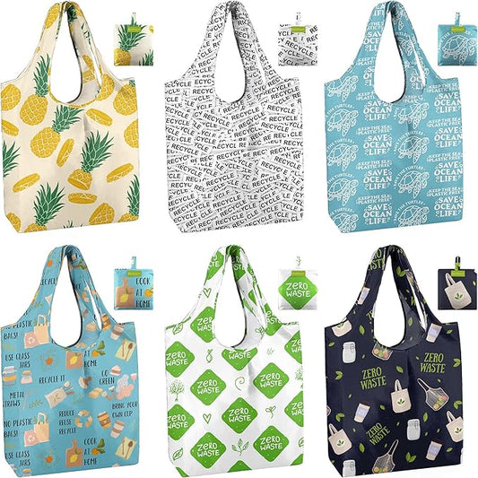 BeeGreen Reusable Grocery Bags 6 Pack, Heavy Duty Totes for Women, Foldable Grocery Bag Large Shopping Totes with Handles for Work, Travel, Gift, Store, Polyester Washable Reusable Tote Bag