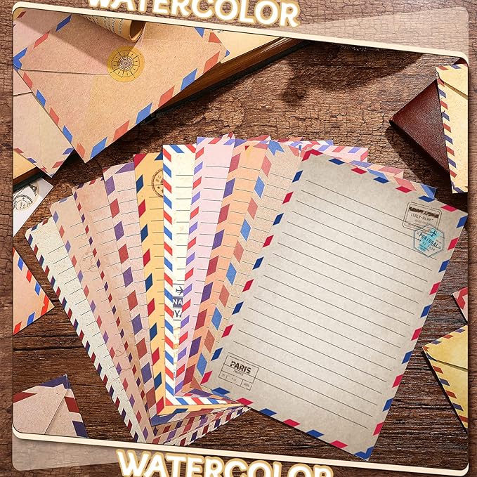 TaoBary 160 Pcs Stationery Paper Set 50 Double Sided Stationery Papers with 50 Matching Envelopes and 60 Round Dot Sticker, 10 Design(Vintage Airmail,5.5 x 8.25 Inch)