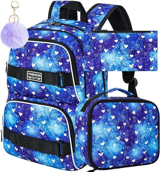 17 Inches Girls Backpack, 3Pcs Love Laptop Backpacks with Lunch Bag, Water Resistant College School Bookbag Set for Teens Students(Blue)
