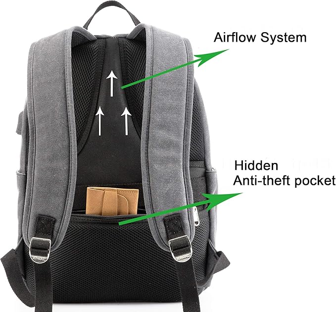 Kinmac Grey Canvas 15 inch Waterproof Laptop Travel Outdoor Backpack with USB Charging Port for 13 inch 14 inch and 15.6 inch Laptop