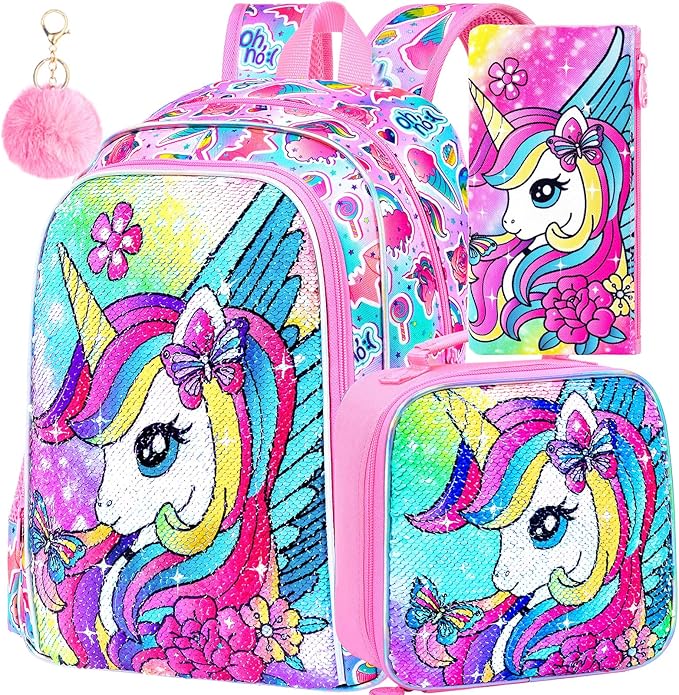 3PCS Unicorn Backpack for Girls, 16" Kids Bookbag with Lunch Box，Sequins School Bags for Elementary Preschool Kindergarten (Pink)
