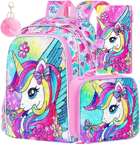 3PCS Unicorn Backpack for Girls, 16" Kids Bookbag with Lunch Box，Sequins School Bags for Elementary Preschool Kindergarten (Pink)