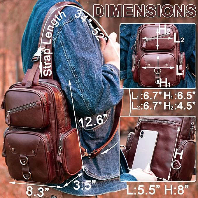 Genuine Leather Sling Bag for Men Large Crossbody Shoulder Bag Casual Sling Backpack Anti-Theft Travel Chest Purse