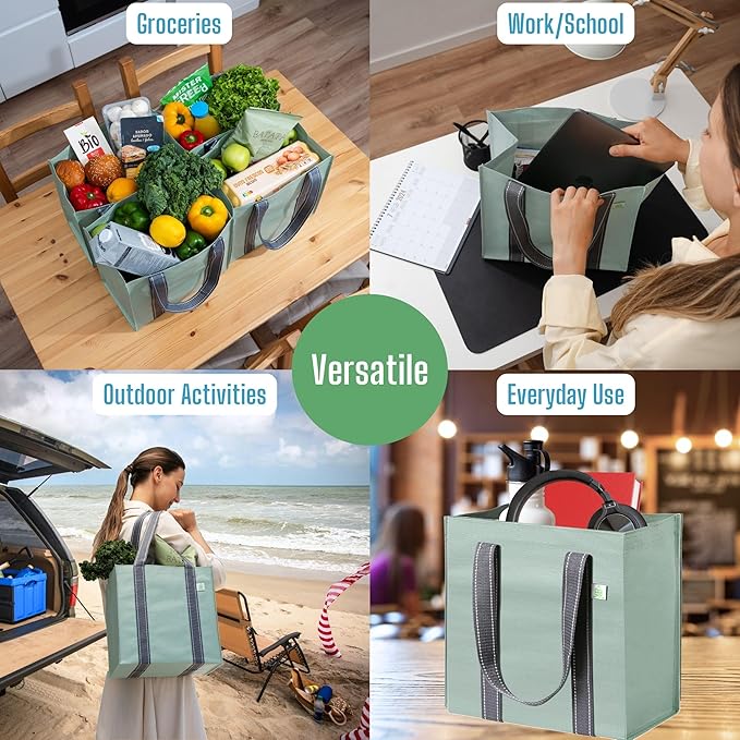 VENO 2-4 Pack Reusable Grocery shopping Bags, Small Tote Bag w/Handle Hard Bottom, Heavy Duty, Foldable Carrier