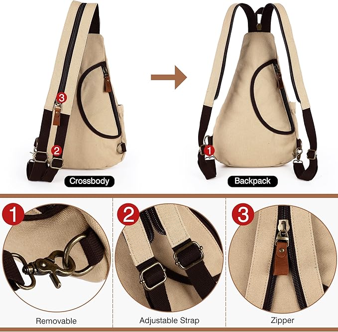 HuxFam Canvas Sling Bags Crossbody Sling Backpack for Men Women Chest Bags Small Hiking Travel Shoulder Daypack