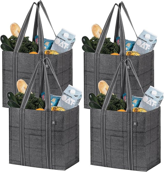 VENO 4 Pack Reusable Grocery Bags with Hard Bottom, Heavy-Duty Shopping Bags for Shopping Cart (Windowpane, 4 Pack)
