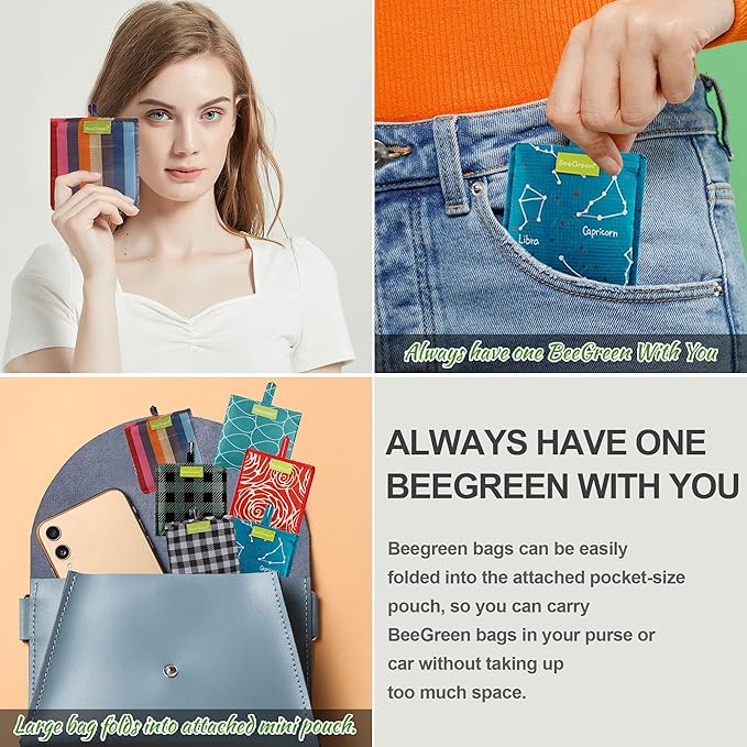 BeeGreen Large Tote Bag 6 Pack Reusable Grocery Bags Foldable - Bulk Machine Washable Ripstop Polyester Fabrics Grocery Bag - Reusable Shopping Bags for Women Travel Storage (Geometry Design)