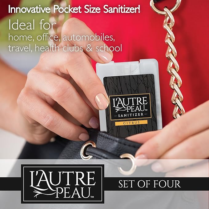 Travel Hand Sanitizer Spray with Aloe Vera by L’AUTRE PEAU - Unique Flat Credit Card Shape - Citrus Scented Mini Pocket Size (6 Pack - 20ML, Frost,Black,Red,Blue,Green,Yellow)