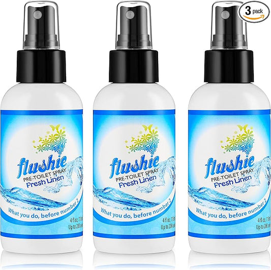 Flushie Pre-Toilet Spray: Travel Size Bathroom Spray for Toilet Deodorizer (4oz - Linen, 3 Pack)