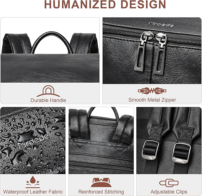 Leather Laptop Backpack for Women, 15.6 Inch Travel Backpack with Laptop Compartment, Casual Daypack Fashion Travel Backpack Purse for Travel College Work, Black