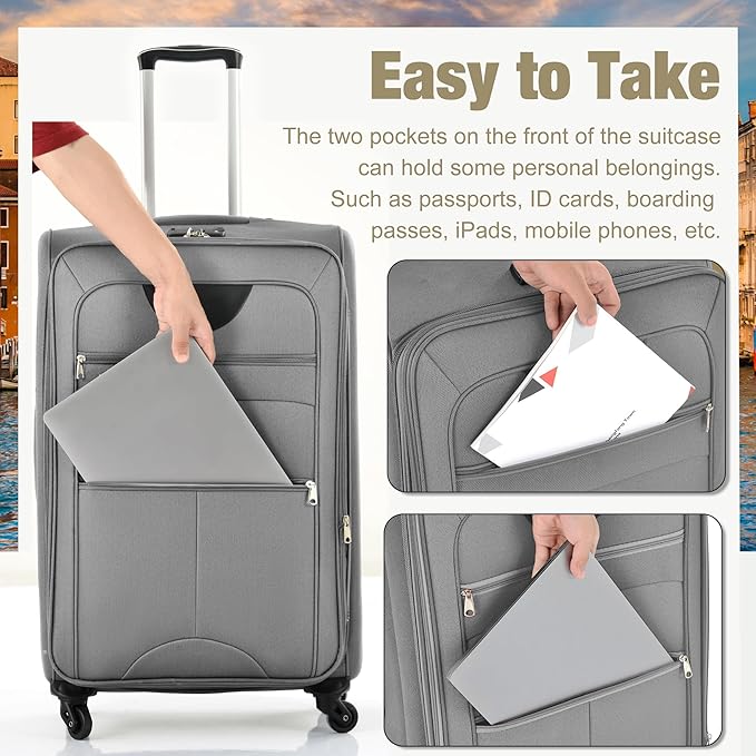 Merax Softside Luggage Set Softshell Lightweight 3 Piece Spinner Suitcase with Duffel Bag Expandable Upright Travel Luggage 22" 26" 30",Grey