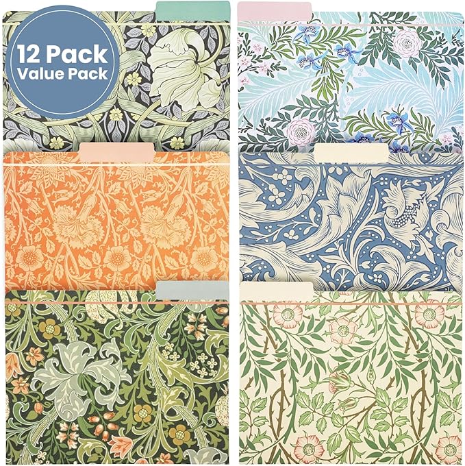 The Gifted Stationary 12 Pack William Morris Floral File Folders, Decorative 1/3 Cut Tab, Letter-Size Holders for Home Office in 6 Patterned Designs - Decorative File Folders - Office Supplies
