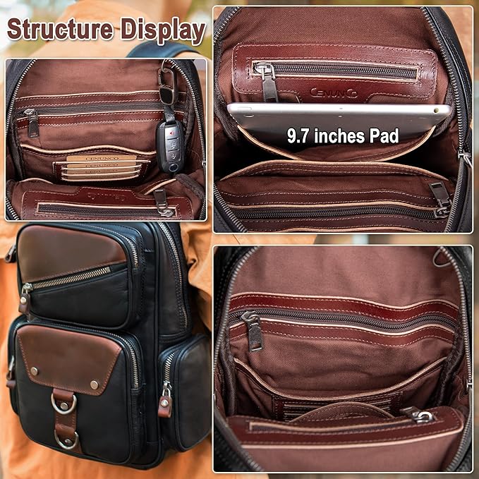 Genuine Leather Sling Bag for Men Large Crossbody Shoulder Bag Casual Sling Backpack Anti-Theft Travel Chest Purse