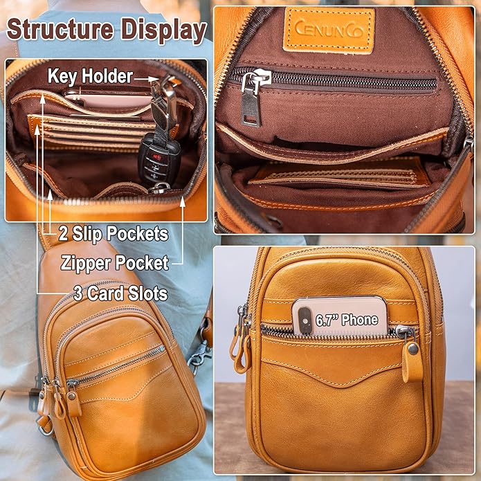 Genuine Leather Sling Bag for Men and Women Crossbody Shoulder Bag Sling Backpack Chest Purse Carry on Casual Daypack