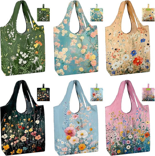 BeeGreen Flower Reusable Grocery Bags 6 Pack, Heavy Duty Totes for Women, Foldable Grocery Bag Large Shopping Totes with Handles for Work, Travel, Gift, Store, Polyester Washable Reusable Tote Bag