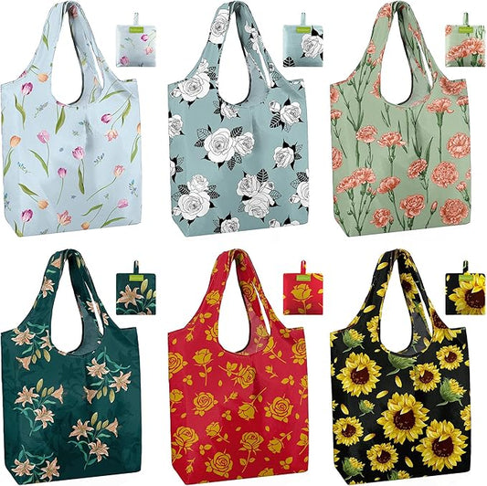 BeeGreen Reusable Grocery Bags 6 Pack, Heavy Duty Totes for Women, Foldable Grocery Bag Large Shopping Totes with Handles for Work, Travel, Gift, Store, Polyester Washable Reusable Tote Bag