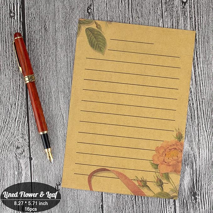 Vintage Stationary Paper + Kraft Envelopes Set with Seal Stickers (64pcs 4 Patterns 8.3 x 5.7 Writing Stationery Papers, 20pcs 2 Colors 7.9 x 4.7 Letter Envelope, 36pcs 2 Styles Rustic Seals)