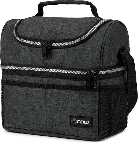 OPUX Lunch Box For Men Women, Insulated Large Double Decker Lunch Bag, Charcoal Gray, 10x7.5x10 Inches
