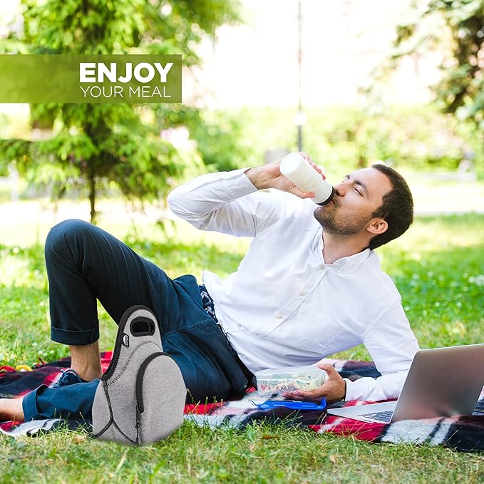 Nordic By Nature Neoprene Lunch Bag for Women & Lunch tote for Kids Insulated Lunch bag Reusable Washable Extra Thick Neoprene & Soft Cotton Feel, Premium Stitching, Outside Pocket, (M) Grey/Black