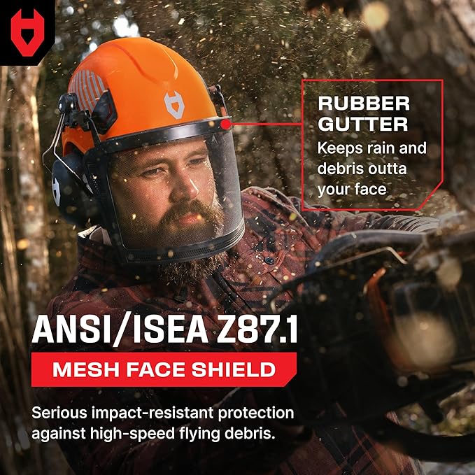 NoCry ANSI Z89.1 Rated Arborist Helmet — Chainsaw Helmet with Face Shield and Ear Muffs — Adjustable Hard Hat with Adaptive Ventilation; Impact-Resistant Mesh Face Shield for Forestry with Side Guards