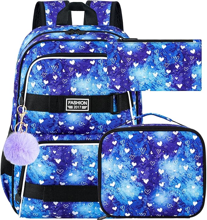 3Pcs Backpack for Girls Boys, 17 Inch School Bookbag with Lunch Box, Durable Laptop Backpacks Set for Teens College