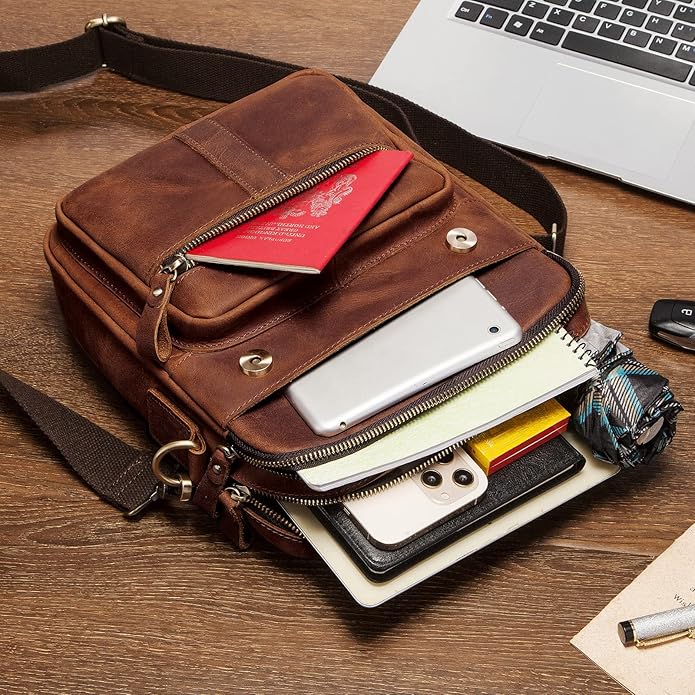 gzcz Leather Sling Shoulder Crossbody Bag Man Purse Messenger Bags for Men Women Outdoor Travel Business