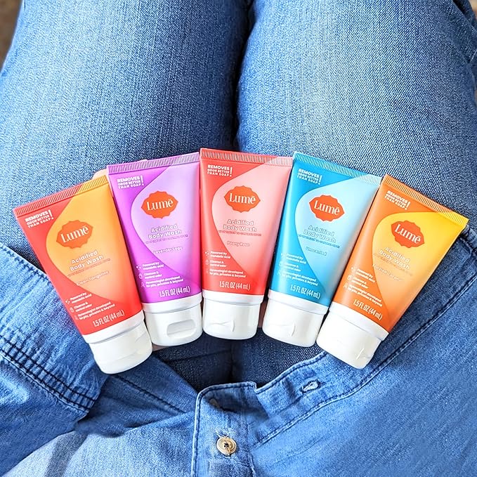 Lume Acidified Body Wash 5 Pack Minis - 24 Hour Odor Control - Moisturizing Formulated Without SLS & Parabens - 1.5 ounce Tubes (Clean Tangerine, Lavender Sage, Peony Rose, Toasted Coconut, Unscented)