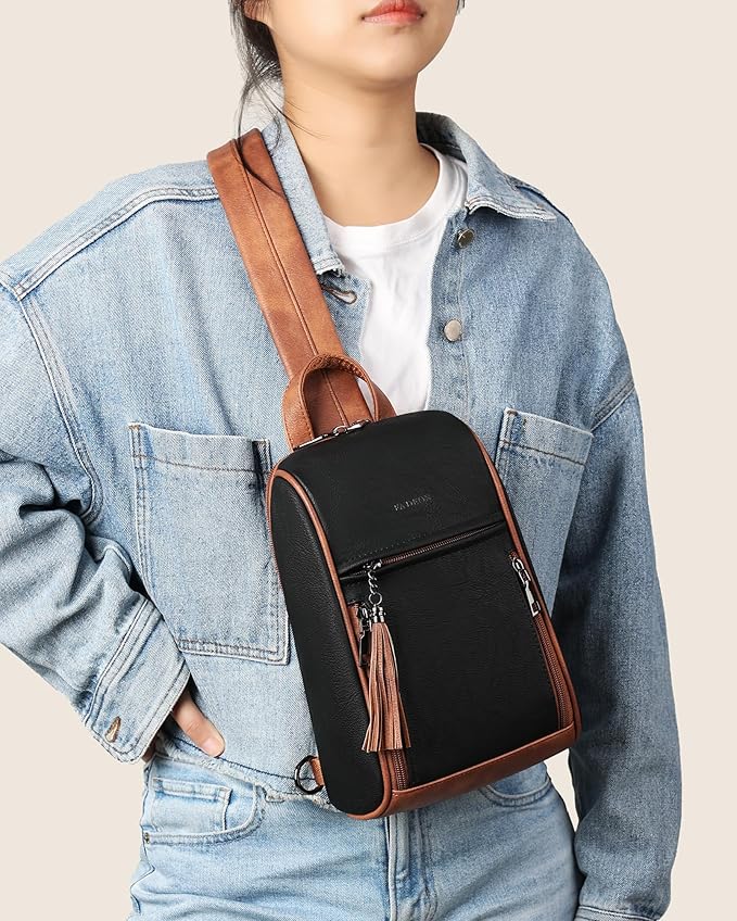 FADEON Sling Bag for Women, Crossbody Purse with Tassels, Designer Leather Shoulder Chest Bags for Travel