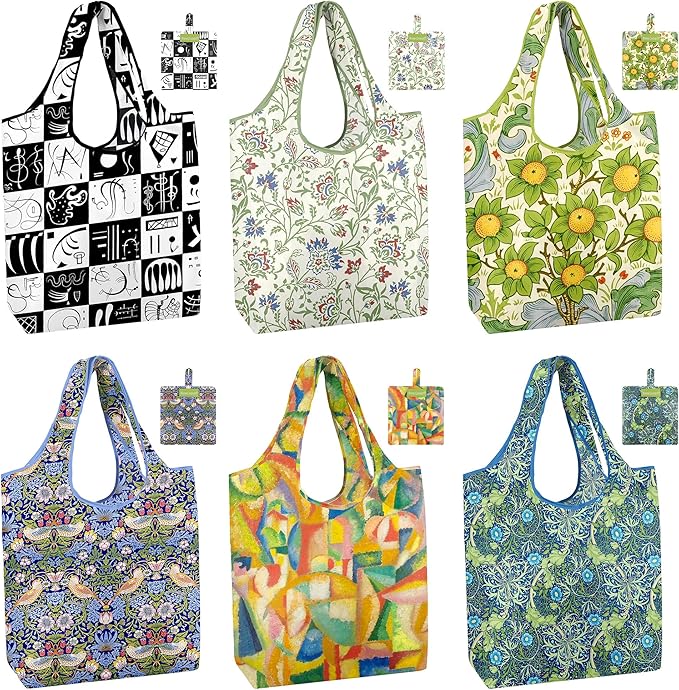 BeeGreen Oil Painting Reusable Grocery Bags 6 Pack, Heavy Duty Totes for Women, Foldable Grocery Bag Large Shopping Totes with Handles for Work, Travel, Gift, Polyester Washable Reusable Tote Bag