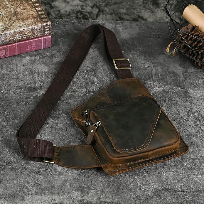 Thick Crazy horse Leather Triangle Crossbody Sling Chest Bag Travel One Shoulder Bag Daypack For Men Male 3028