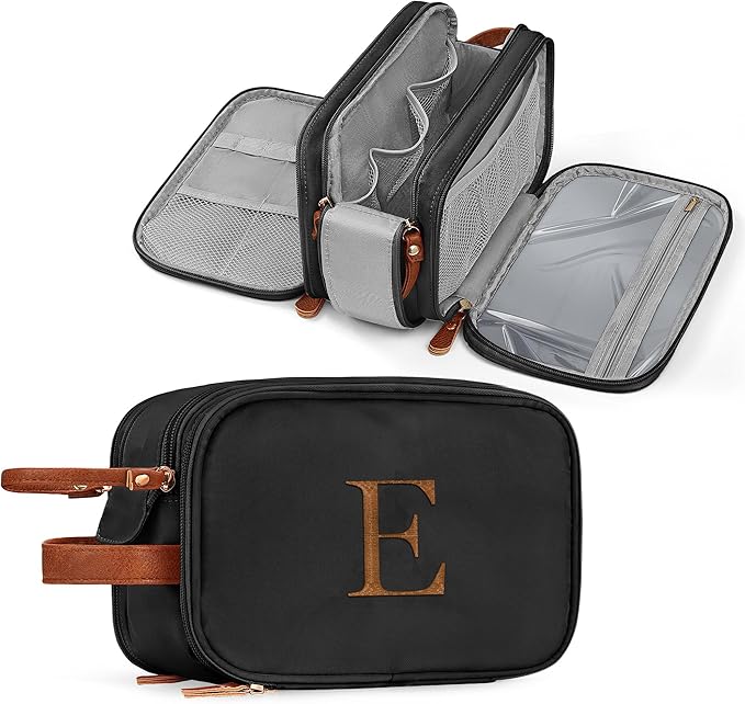 YOOLIFE Mens Travel Toiletry Bag - Personalized Gifts Initial Travel Toiletry Bag Hanging Dopp Kit for Men Water Resistant, Shaving Kit for Men Portable Organizer for Accessories Toiletries E Black