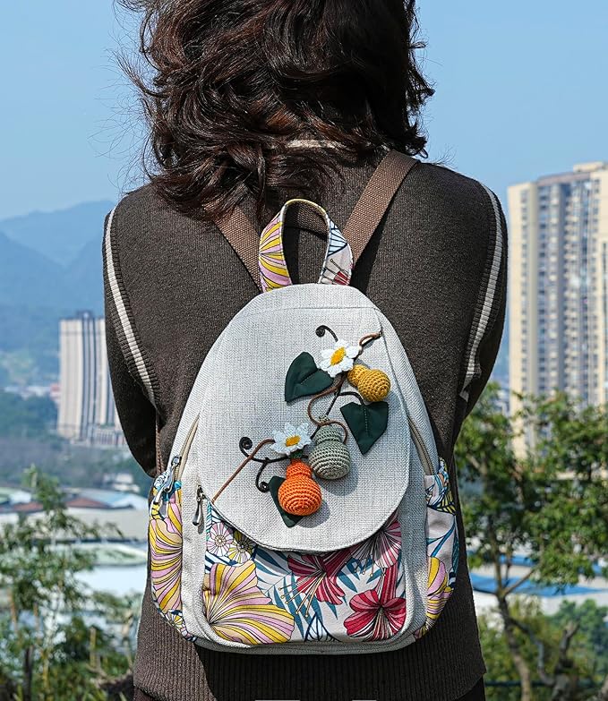 HUANGGUOSHU Women Cotton Woven Bohemian Hemp Boho Canvas Embroidery Multi Pocket Retro Cute Backpack Wallet Backpack（Avocado）