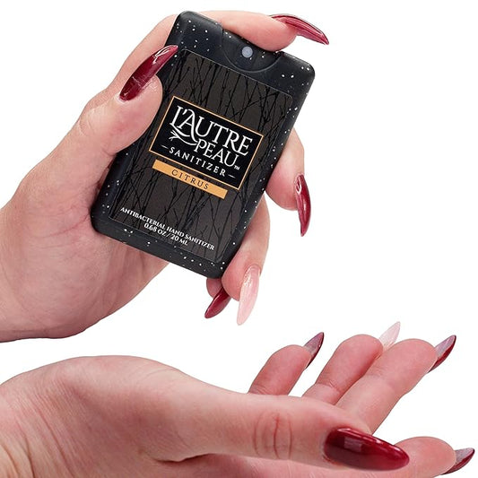 Antibacterial Travel Hand Sanitizer Spray with Aloe Vera by L’AUTRE PEAU - Unique Flat Credit Card Shape - Citrus Scented Mini Sparkle Pocket Size (Sparkle Black, Red, Blue, 6 Pack)