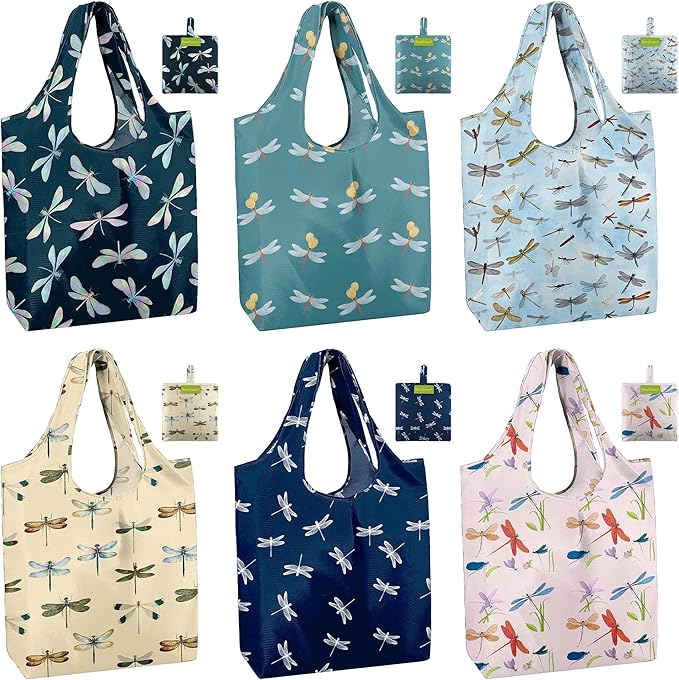 BeeGreen Dragonfly Reusable Grocery Bags 6 Pack, Heavy Duty Totes for Women, Foldable Grocery Bag Large Shopping Totes with Handles for Work, Travel, Gift, Store, Polyester Washable Reusable Tote Bag