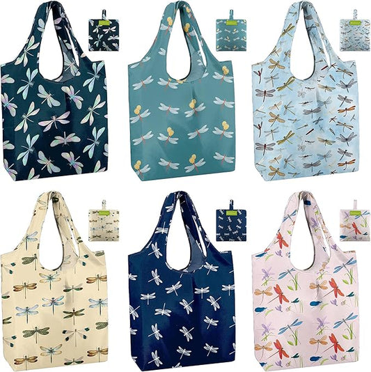 BeeGreen Dragonfly Reusable Grocery Bags 6 Pack, Heavy Duty Totes for Women, Foldable Grocery Bag Large Shopping Totes with Handles for Work, Travel, Gift, Store, Polyester Washable Reusable Tote Bag