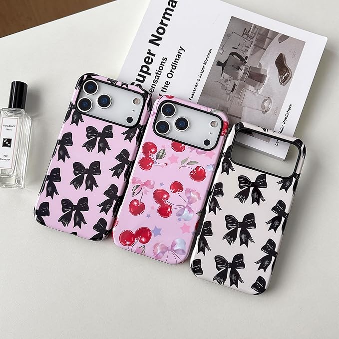 QLTYPRI Case for iPhone 17 Pro, Aesthetic Black Ribbon Bow Phone Case for Girls Women, Protective Hybrid 2-Layer Hard Shell Silicone Cover Durable Shockproof Phone Cover - Beige