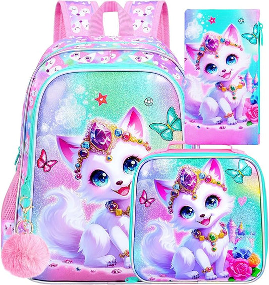 16" Fox Backpack for Girls, 3Pcs Kids Bookbag for Elementary Preschool Kindergarten, School Backpacks with Lunch Box(Pink)