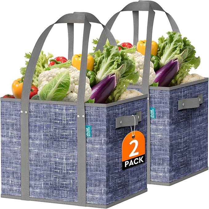 Fab totes Reusable Grocery Bags, Large Foldable Shopping Tote Bags with Reinforced Handles & Hard Bottom,Water Resistant Grocery Bags for kitchen,Picnic,2 Pack,Blue