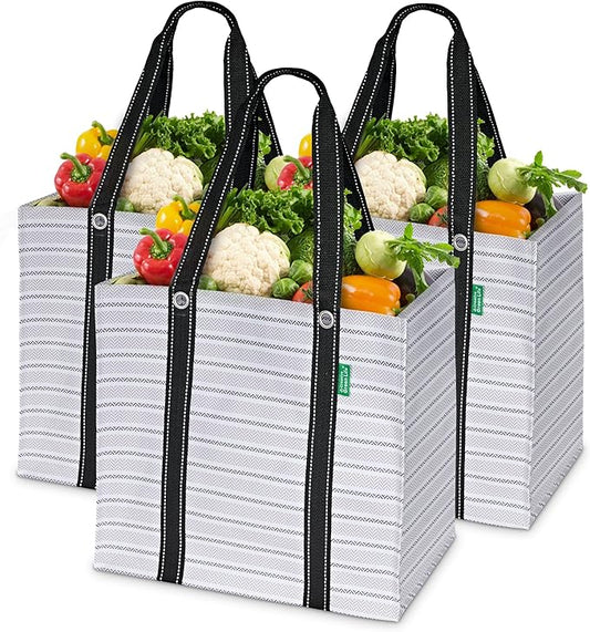 Creative Green Life 3 Pack Heavy Duty Reusable Grocery Bags with Hard Bottom & Strong Handles – Foldable, Durable, Easy to clean, Water-Resistant & Multi-Purpose (Gray Stripes)
