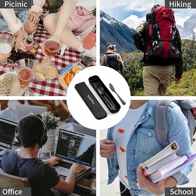 Travel Cutlery Set with Case Portable Silverware Utensils Set,5-pieces Stainless Steel Reusable Flatware Set Cutlery Set for Camping Picnic Hiking Office, Dishwasher Safe (matte black, 5.8)