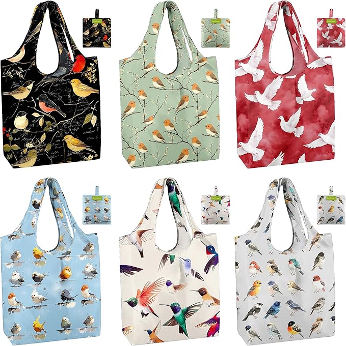 BeeGreen Birds Reusable Grocery Bags 6 Pack, Heavy Duty Totes for Women, Foldable Grocery Bag Large Shopping Totes with Handles for Work, Travel, Gift, Store, Polyester Washable Reusable Tote Bag