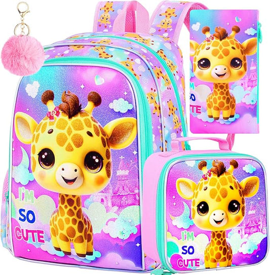 3Pcs Backpack for Girls, 16" Kids Bookbag with Lunch Box, Giraffe School Backpacks Set for Elementary Preschool Kindergarten(Pink)
