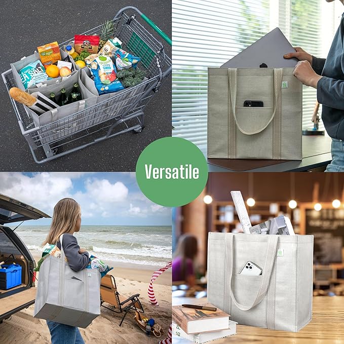 VENO 4 Pack Reusable Grocery Bags, Heavy-Duty Shopping Bags with Handles, Bags for Shopping Cart with Hard Bottom to Stand Upright, Foldable, Multi-Purpose, Sustainable (Beige, 4 Pack)